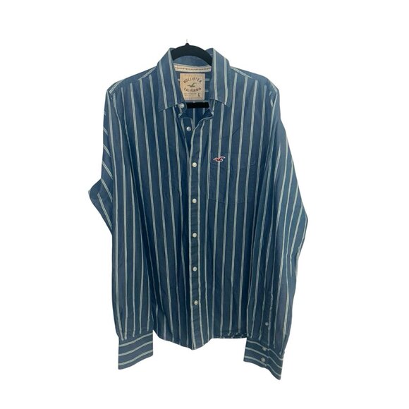 Hollister Blue Green Striped Long Sleeve Button Down Collared Y2K Shirt Large - Picture 1 of 7